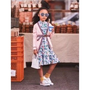 Janie and Jack Pink Knit Cardigan Sweater size 6 Gold Buttons Blue White Stripes